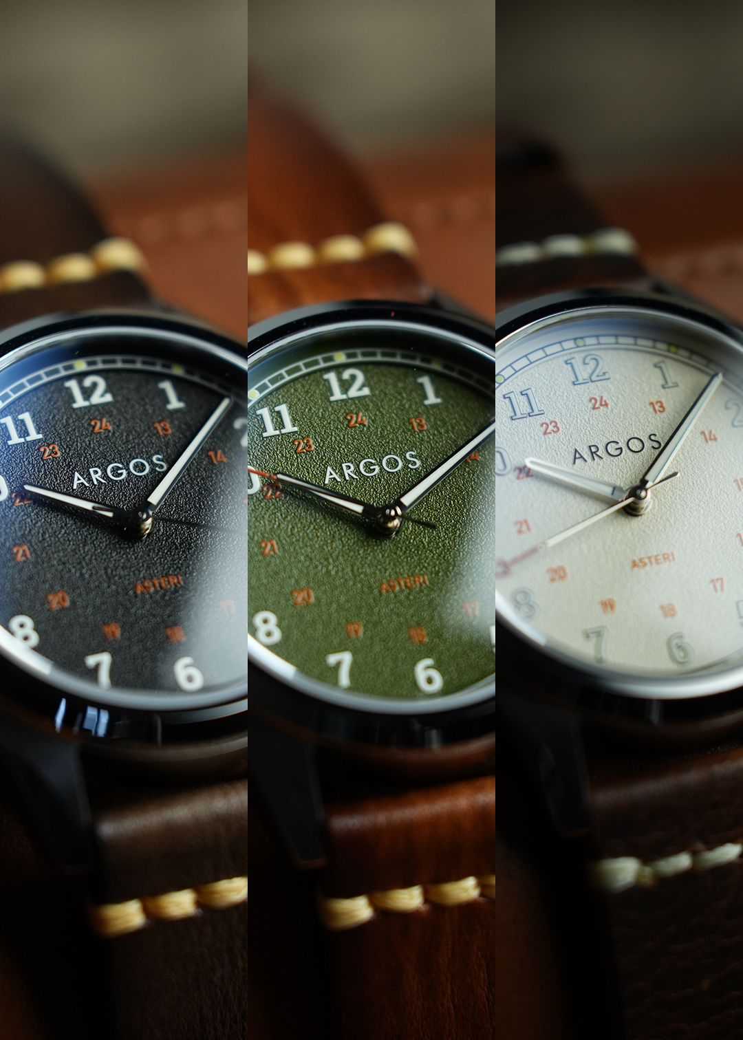 Close-up of an Argos watch with a leather strap, showing the watch face in three distinct colors: green, black, white.